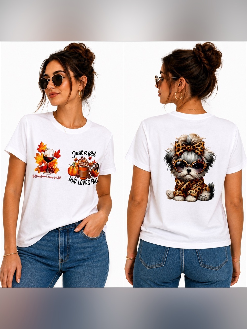 Women’s White Fall Graphic T-Shirt | Pumpkin Wine Yorkie Leopard Print Medium